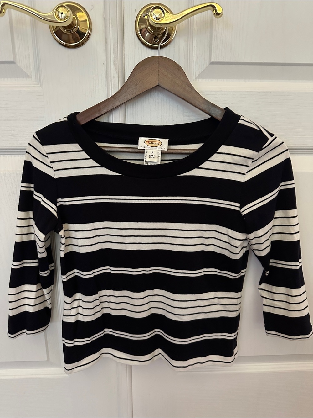 Talbots petite Black and White Striped Boatneck Top